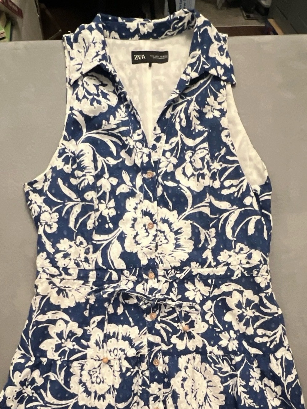 Zara Blue/White Floral Sleeveless Collared Shirt Dress Button Cotton L